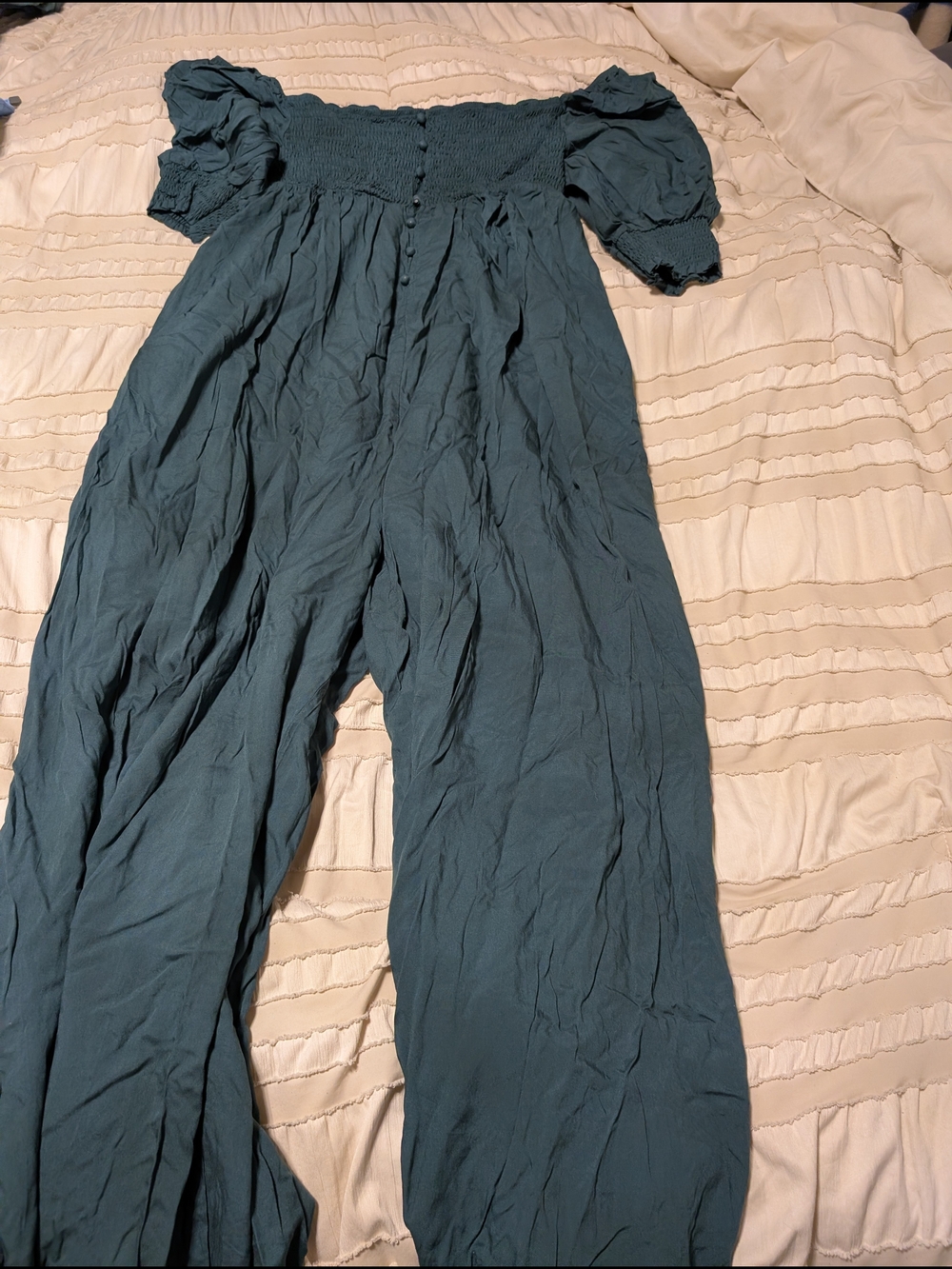 Smocked Off-Shoulder Wide-Leg Jumpsuit in Teal